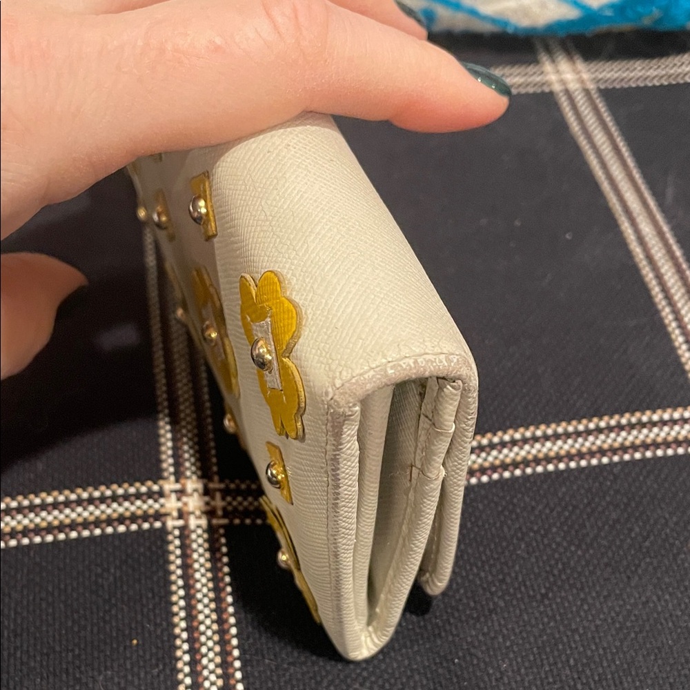 Prada Saffiano Leather Rare Wallet Flowers Cream Yellow As Is - Picture 5 of 16